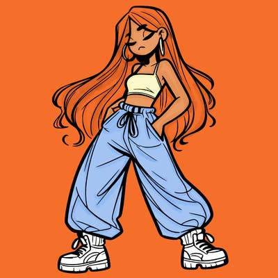 girl in baggy pants crop top and long hair