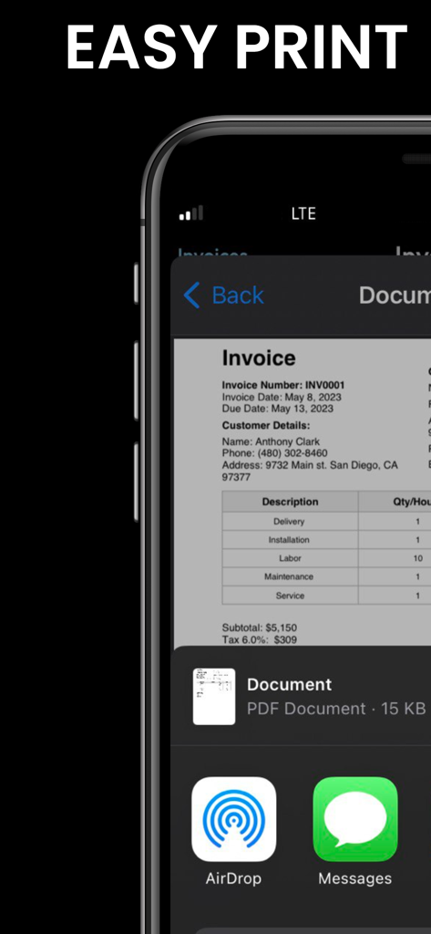 請求書メーカーアプリ内でPDF請求書を表示し、AirDropやメッセージなどの簡単な共有オプションを強調するスマートフォンの画面。