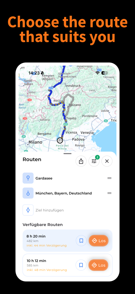 CampPilot Camper Navi - Route planning interface in CampPilot Camper Navi showing multiple camper-friendly navigation options on a map