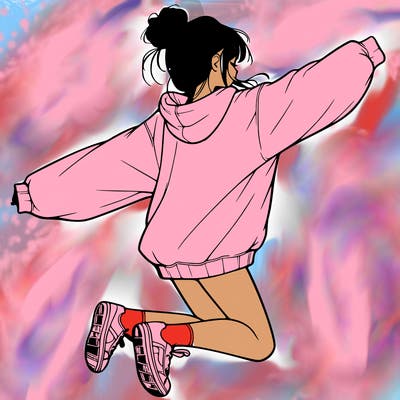 realistic girl jumping with a bun and oversized sweatshirt