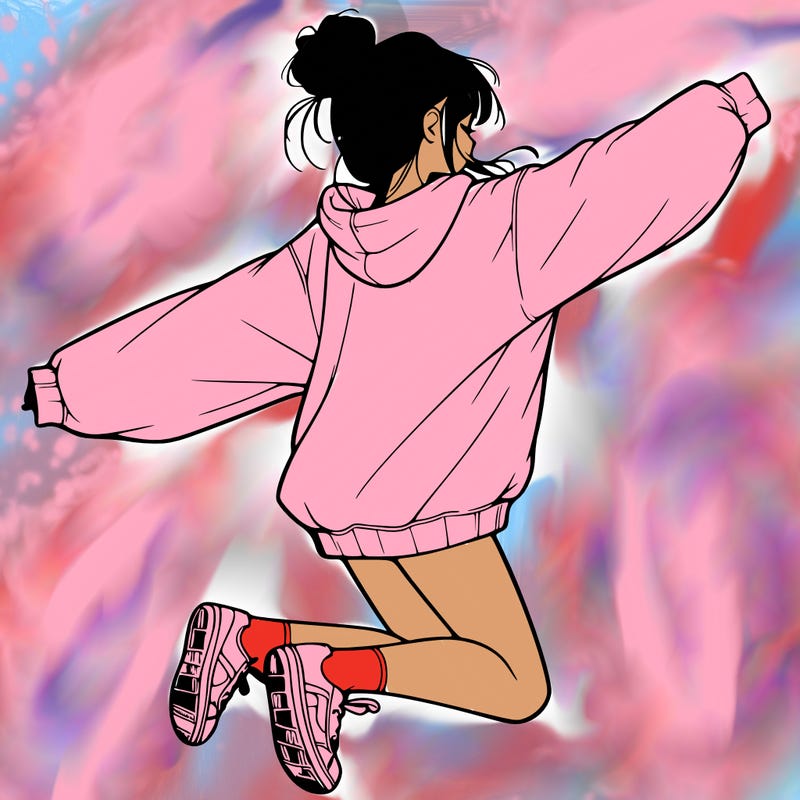 realistic girl jumping with a bun and oversized sweatshirt