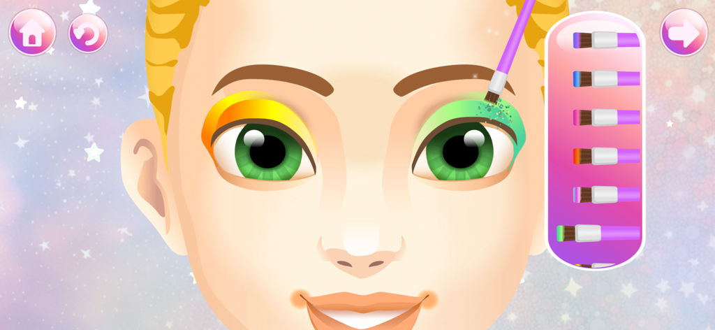 Makeup Games: Beauty Princess - A cartoon princess character applying green eyeshadow in a beauty salon game