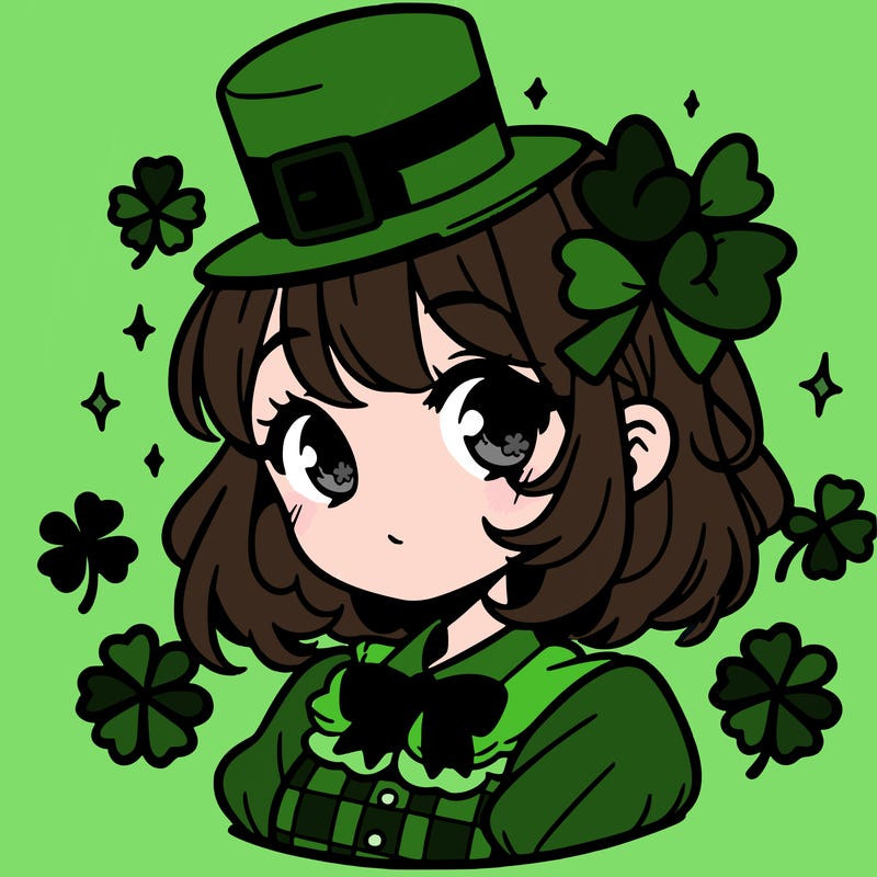 a manga-style girl with clovers around her, a little hat in her hair, like it's saint patrick's day