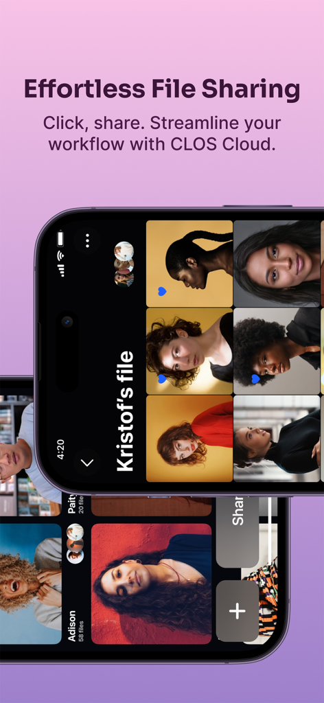 CLOS - Virtual Photoshoot - CLOS app interface showing effortless file sharing and cloud storage for professional photoshoot workflows