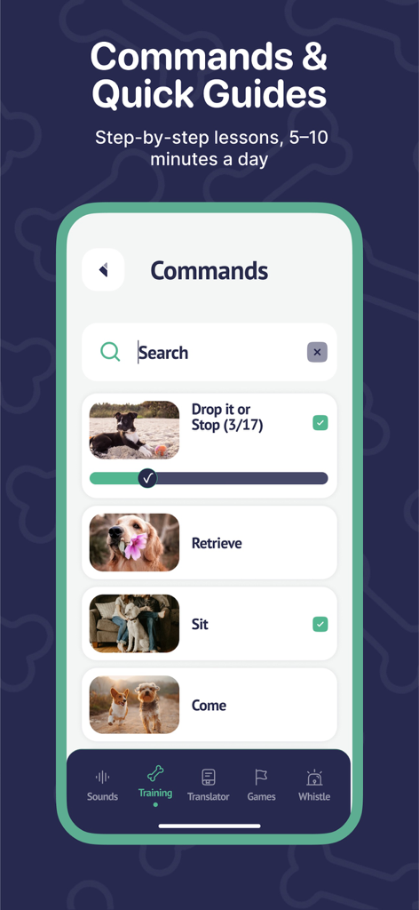 Interface of Woofi Dog Translator app showing a list of dog training commands and quick guides
