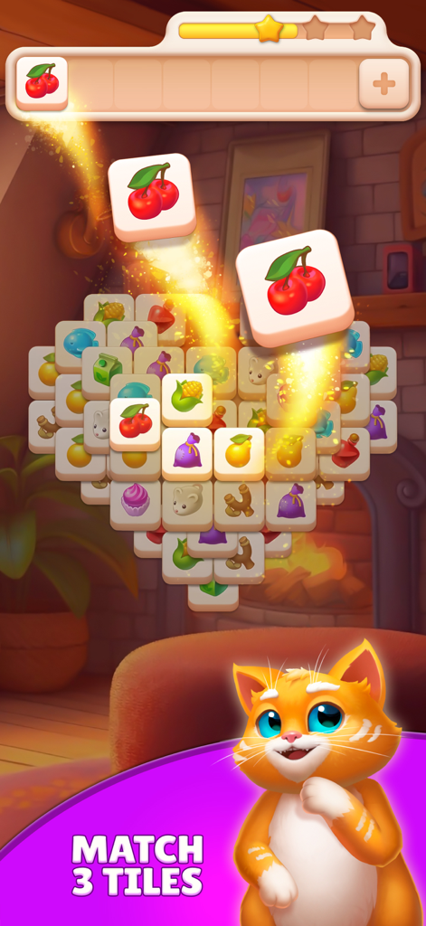 Tile Yard: Matching Game - Tile Yard game screen showing a heart shaped matching puzzle and an orange cat