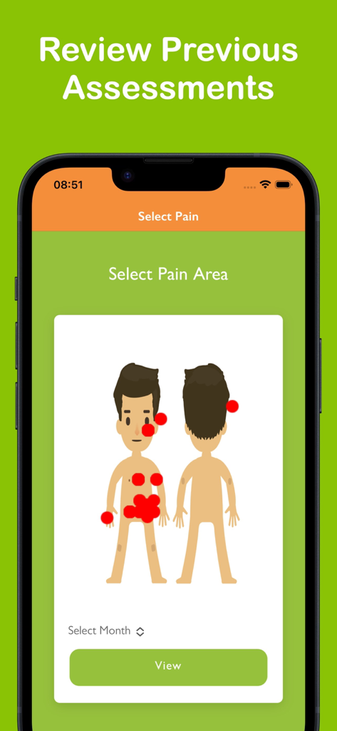 Überprüfungsbildschirm der Pain Assessment Tool-App mit einer Körperkarte, auf der rote Punkte frühere Schmerzorte anzeigen.