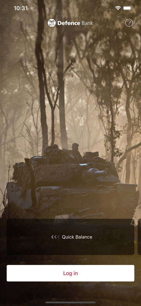Defence Bank Mobile - Login-Bildschirm der Defence Bank Mobile mit einem Militärpanzer im Hintergrund