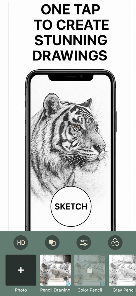 Photo to Sketch Drawing Maker - 高品質の鉛筆スケッチに変換されたトラの写真を示すスマートフォン画面