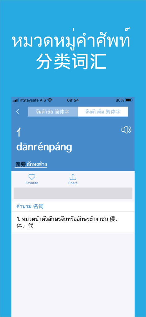 Daxiang Dictionary - 大象字典モバイルアプリインターフェース。タイ語の定義付きの中国語の部首「人」を表示。