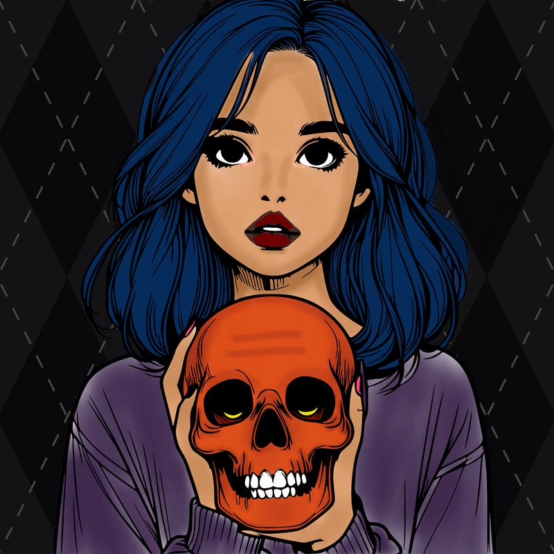 realistic girl holding a skull