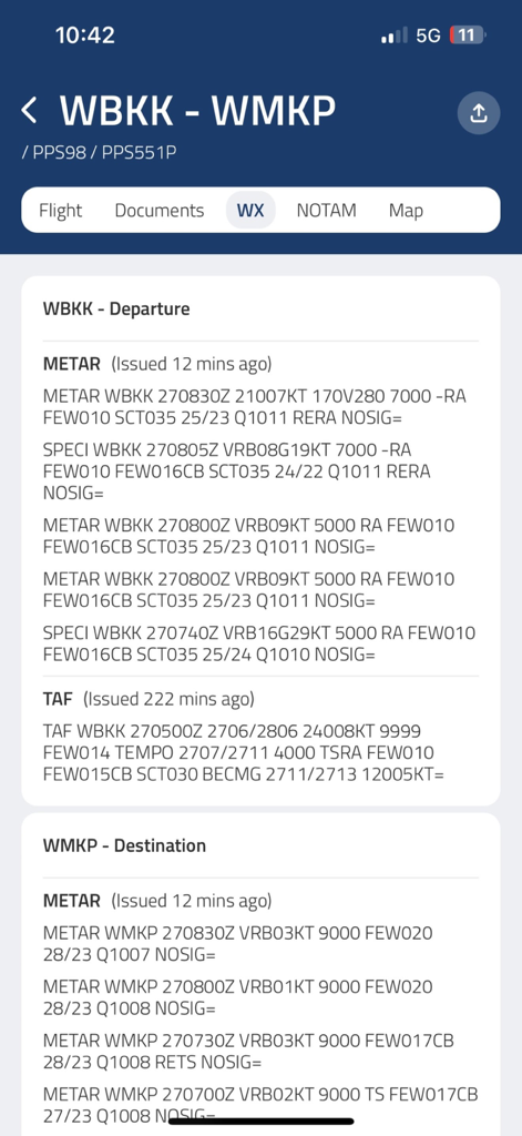 Briefing meteorologico per l'aviazione che mostra rapporti METAR e TAF per gli aeroporti di partenza e destinazione.