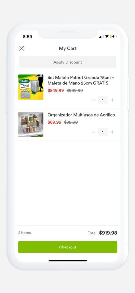 Waldo's Shop. - Waldo's Shop mobile app My Cart screen showing a luggage set and an acrylic organizer with discounted prices and a checkout button.