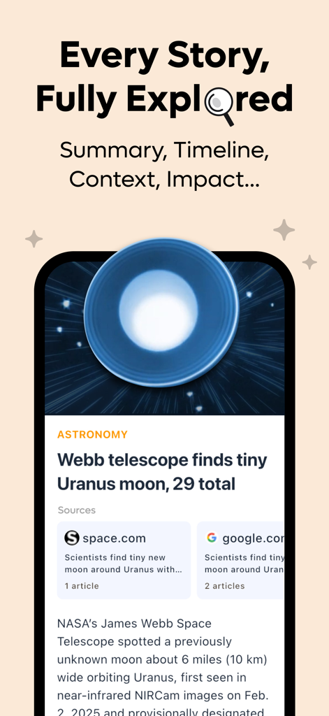 Kagi News app interface showing a summary of a news story about astronomy with cited sources