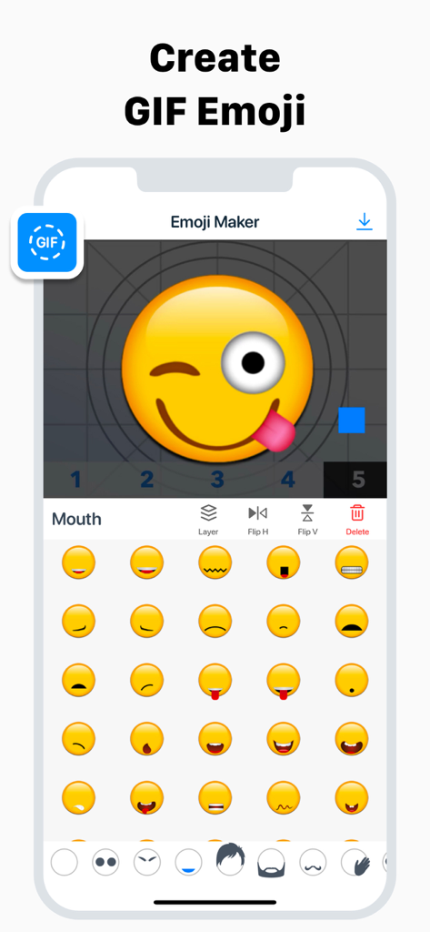 Keyboard Fonts & Emoji Maker - A mobile app interface for creating custom GIF emojis with a winking face and multiple mouth styles.