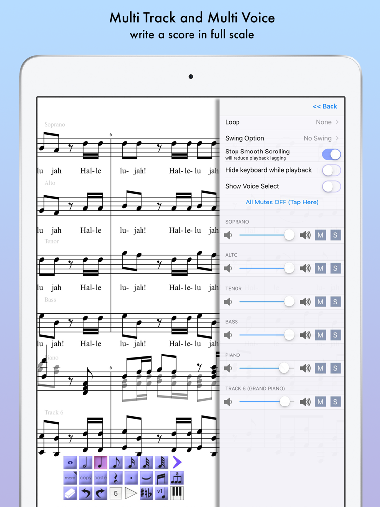 iWriteMusic Pro SE - Interfaz de iWriteMusic Pro SE en iPad mostrando notación coral multipista y un mezclador de reproducción.