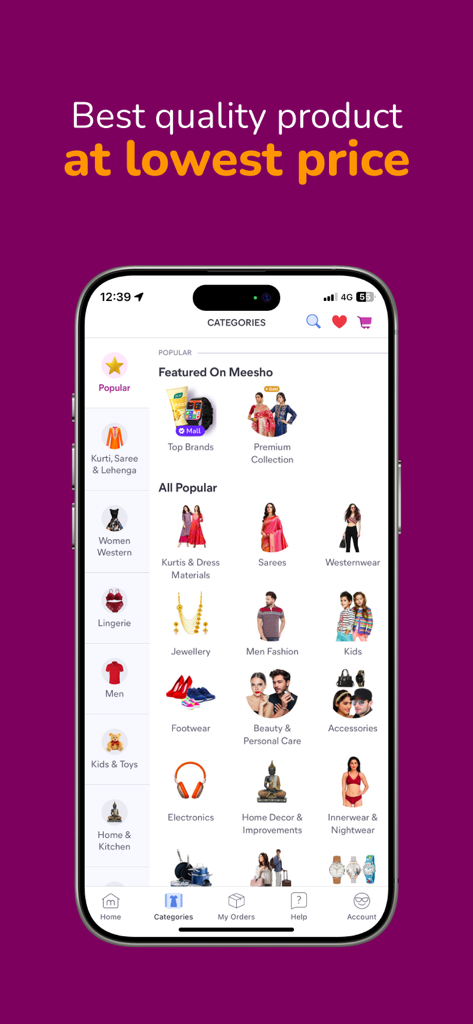 Meesho app categories screen featuring ethnic wear and lifestyle products at affordable prices