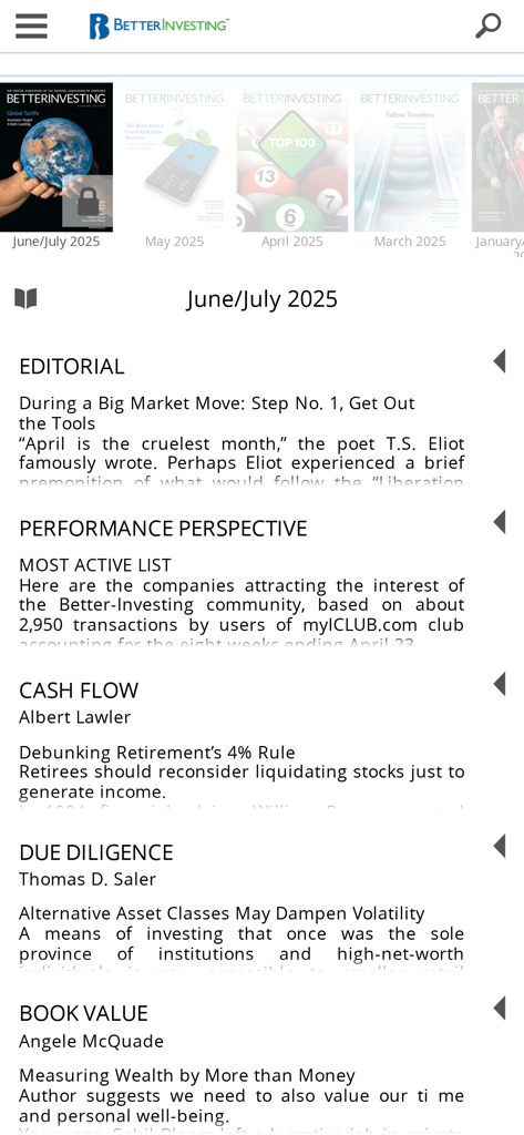 A digital table of contents for the BetterInvesting Magazine app showing financial articles and magazine covers.