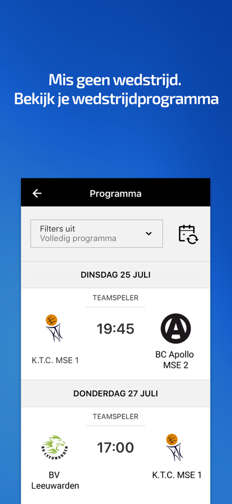 KNBSB Competitie - A mobile app interface displaying a sports match schedule with team logos, dates, and times