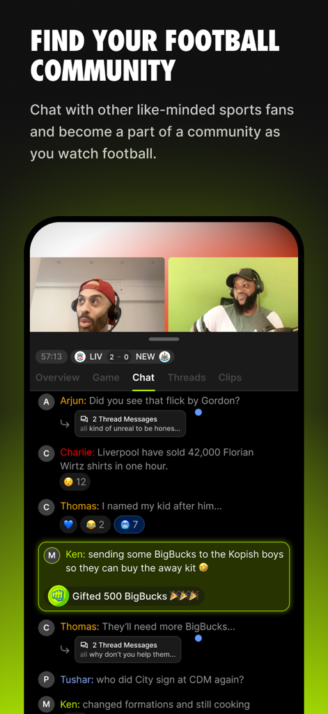 Interfaz de la aplicación BigUp mostrando una transmisión en vivo de un creador y un chat comunitario para aficionados al fútbol
