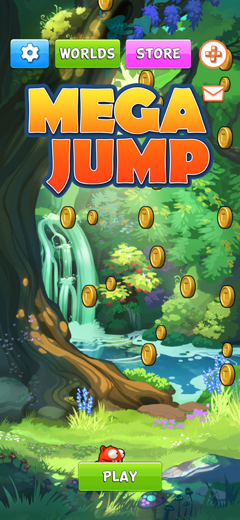Mega Jump Halfbrick+ - Main menu screen of Mega Jump Halfbrick plus featuring a vibrant cartoon forest landscape with floating gold coins