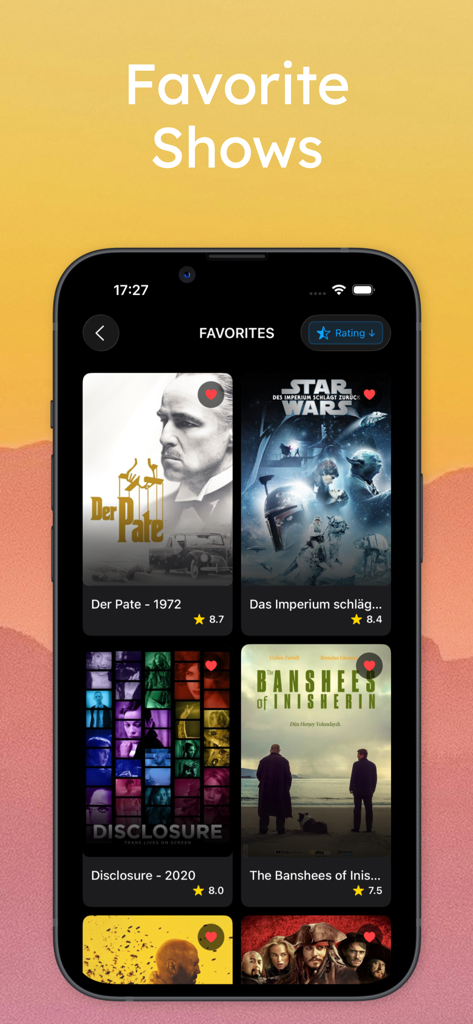 Maximus: IPTV Player M3U Cast - Maximus IPTV Player interface showing a curated list of favorite movies and shows with user ratings.
