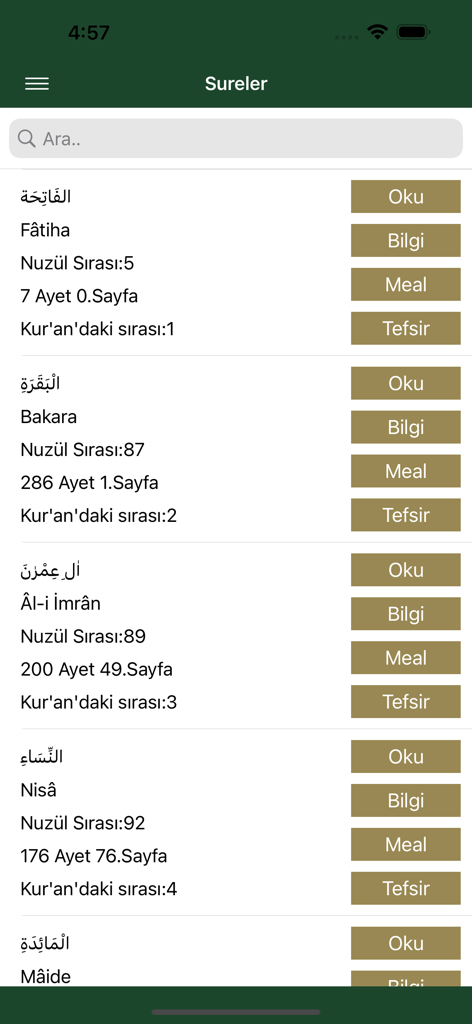 A list of Quran chapters in the KuranveMeali app showing options to read, view info, translation, or interpretation for each surah.