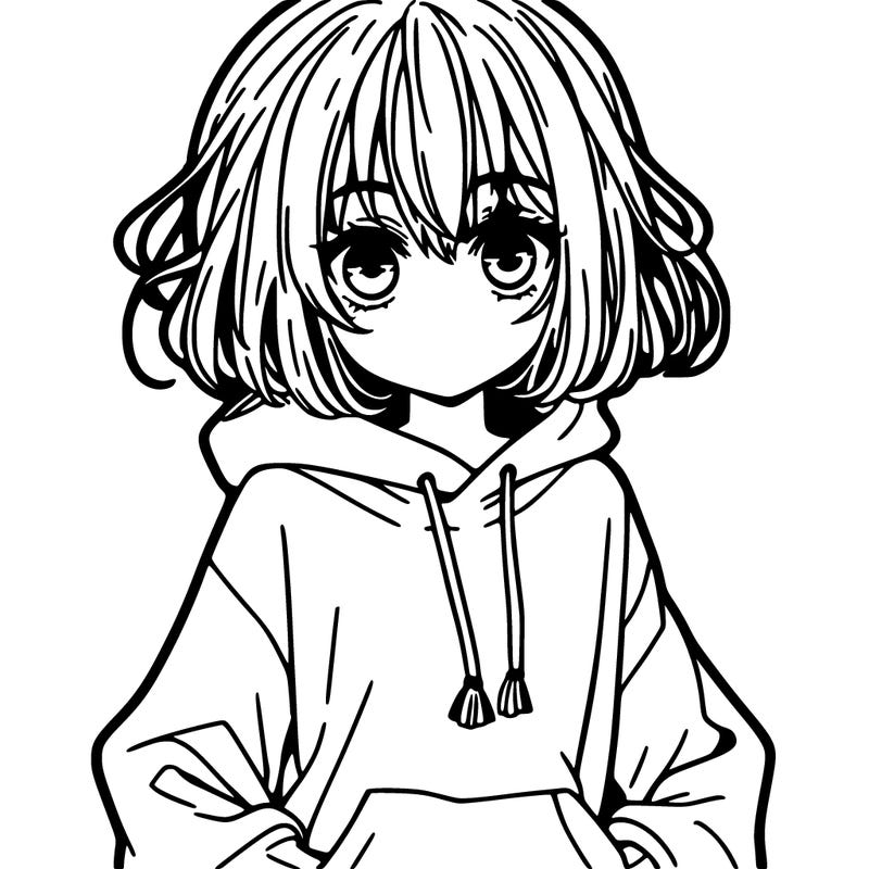 manga style teenager with medium length hair with curtain bangs, wearing a hoodie, and leggings