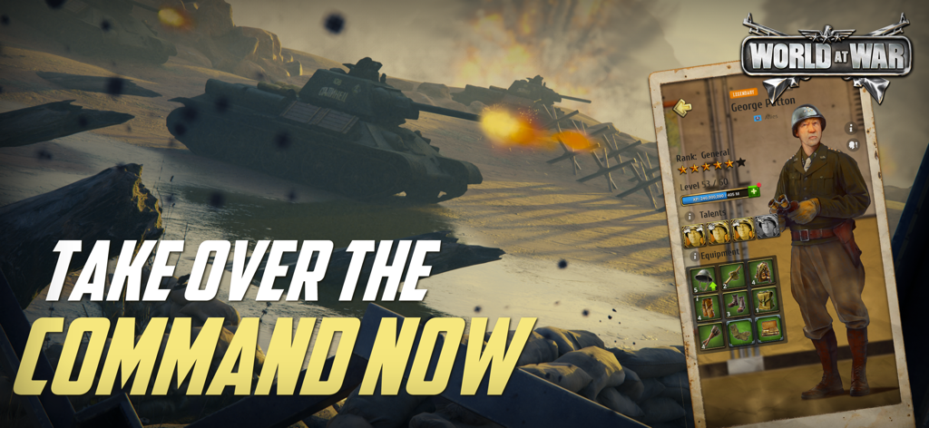 World at War WW2 Strategy MMO - A battlefield scene from World at War WW2 Strategy MMO showing tanks and General George Patton character profile.