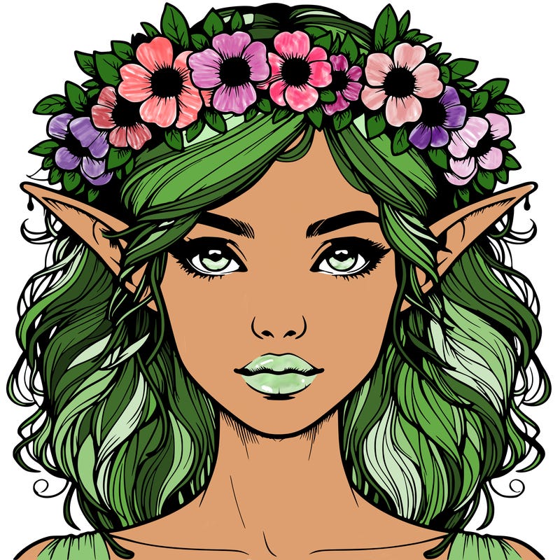 realistic female elf with flower crown