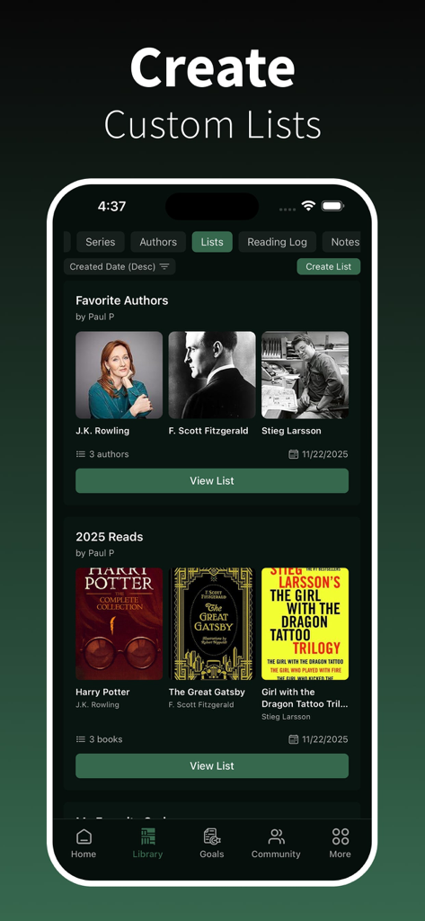 BookPine: Book Tracker Journal - BookPine app interface showing custom reading lists for authors and books