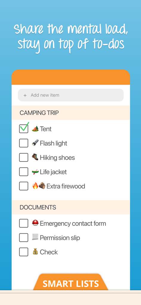 Cozi Family Organizer - Una lista de tareas pendientes familiar compartida en la aplicación Cozi que muestra una lista de viaje de campamento y una lista de tareas pendientes de documentos importantes.