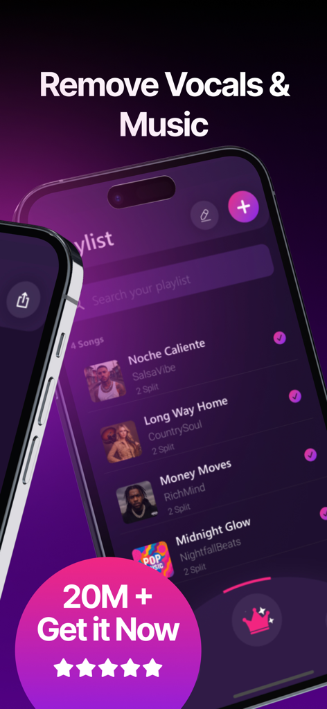 Vocal Remover: Music Separator - Vocal Remover app interface showing a song playlist and music separation options