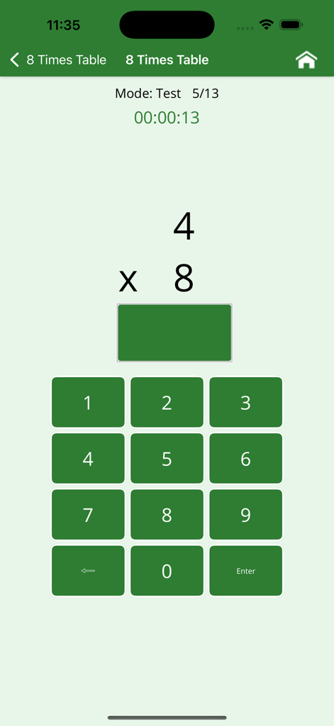 Multiplication Tables app test screen with a multiplication problem and numeric keypad