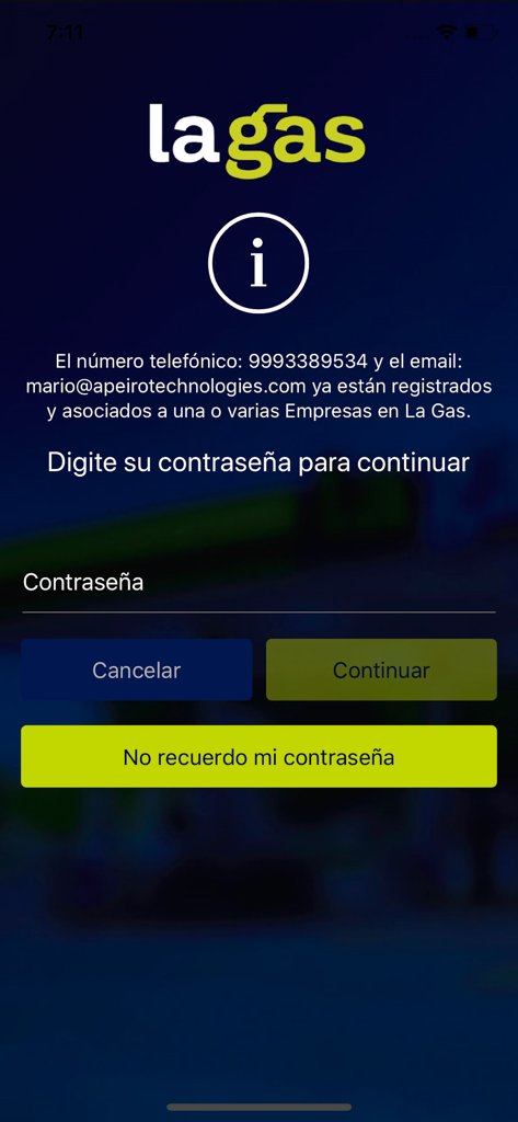 Facturación electrónica La GAS - Pantalla de entrada de contraseña para la aplicación La Gas para usuarios registrados