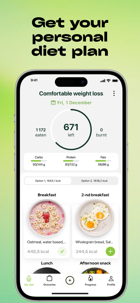 Diet: Weight loss Healthy food - Pantalla de iPhone mostrando un plan de dieta personalizado con seguimiento de calorías diarias y sugerencias de comidas para perder peso