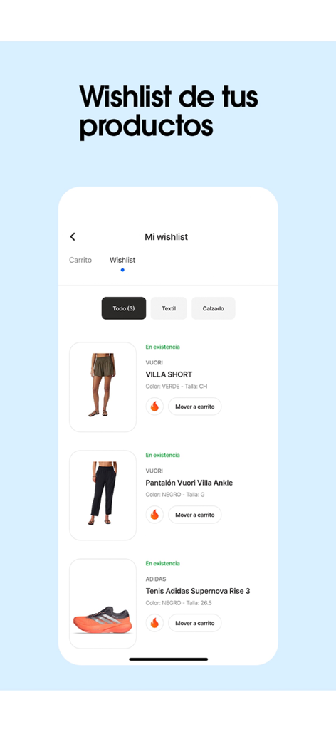 Interfaz de lista de deseos de la aplicación Innovasport que muestra ropa deportiva y zapatillas guardadas.