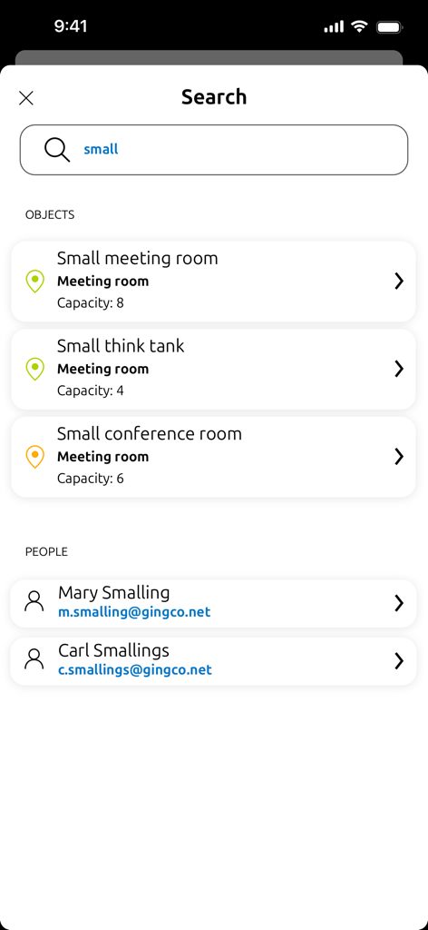 Gingco Share - Search results screen in the Gingco Share app showing meeting rooms and staff members.