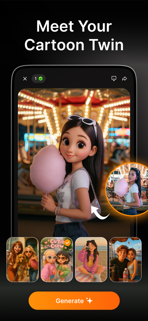 AI Image Generator FARBA Art - FARBA Art app interface showing a real photo transformed into a stylized cartoon twin character