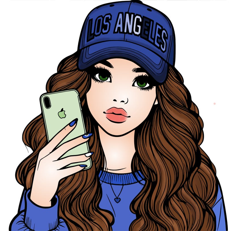 realistic beautiful girl wearing los ángeles cap holding an iphone