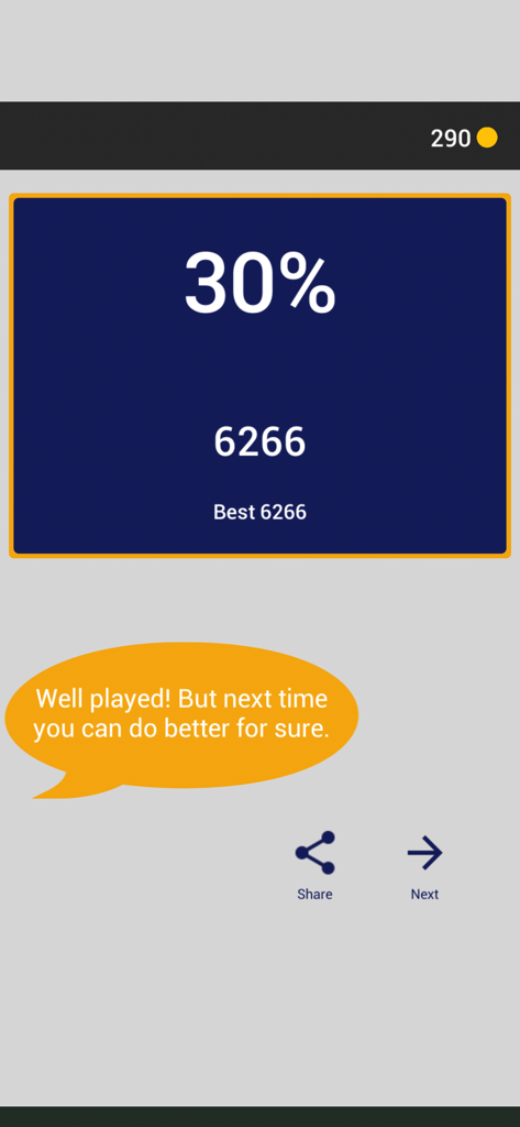 The 1% Club - A results screen for The 1 Percent Club mobile game showing a score of 30 percent with share and next options.