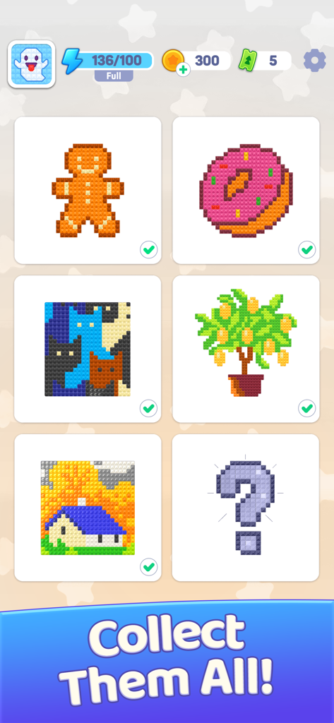 A collection of completed diamond pixel art puzzles in a gallery showing a gingerbread man a donut and cats