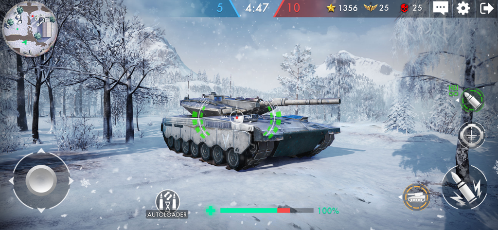 A realistic 3D tank in a snowy forest battlefield with gameplay HUD