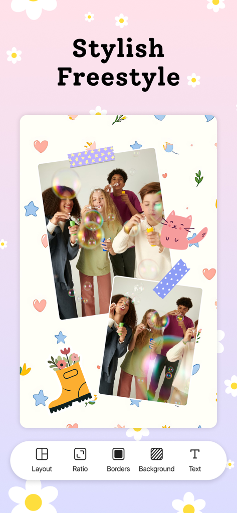 Collage Maker: DIY Wallpaper - Aesthetic freestyle photo collage with cute stickers and friend photos for a DIY wallpaper.