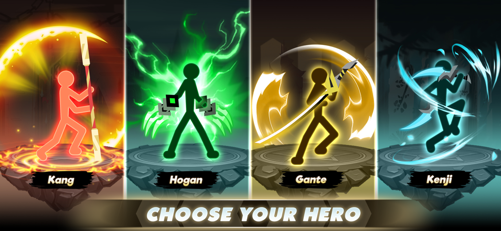 Stickman vs Monster: Idle RPG - Schermata di selezione dell'eroe con quattro personaggi stickman luminosi chiamati Kang, Hogan, Gante e Kenji