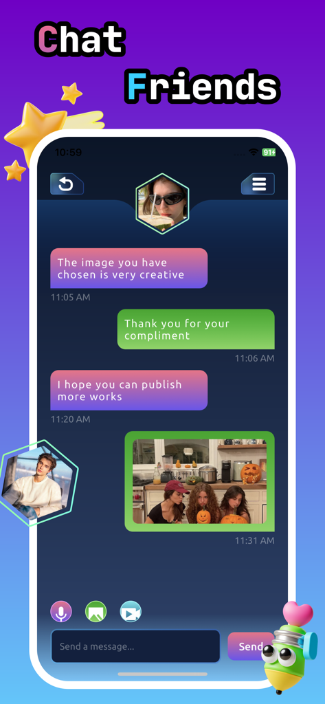 Rovil: Adults Chat For Fun - Tela de chat do aplicativo Rovil mostrando mensagens de texto e uma foto compartilhada entre usuários