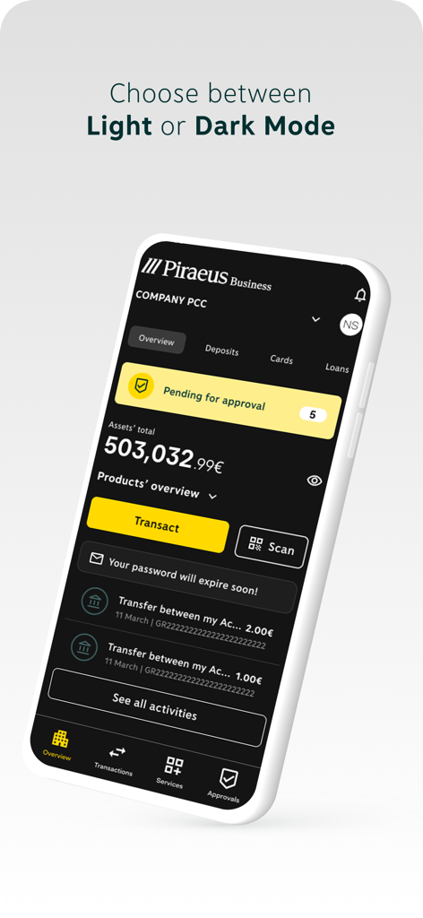 Piraeus Business app dashboard displayed in dark mode showing corporate account balances and pending transaction approvals