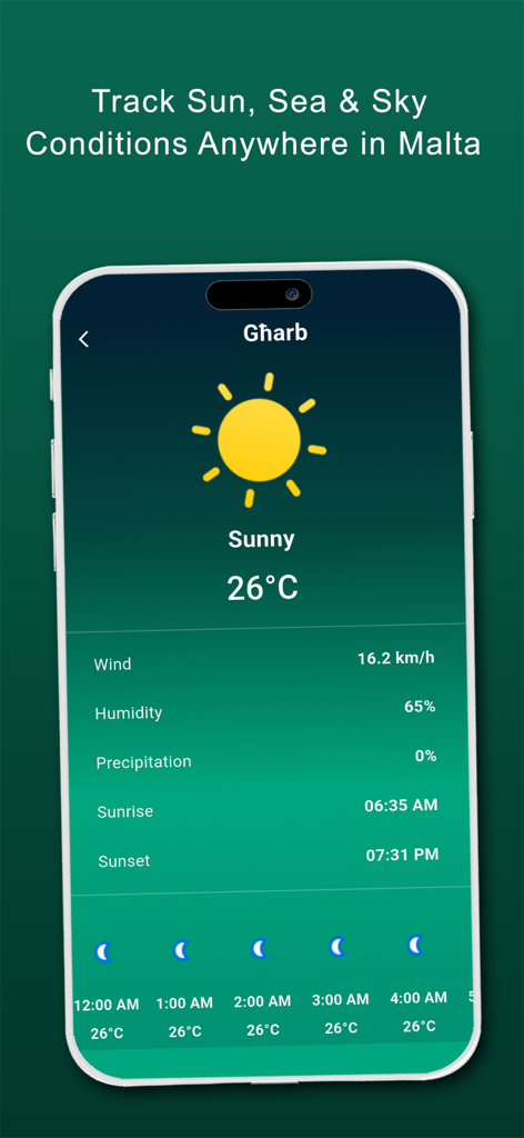 Malta Weather Forecast - Schermata dell'app Malta Weather Forecast che mostra bel tempo e dettagli locali a Gharb