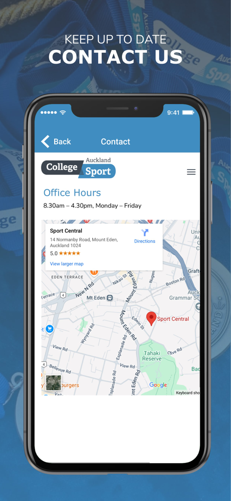 Contact page of the College Sport Auckland app showing office hours and a map location