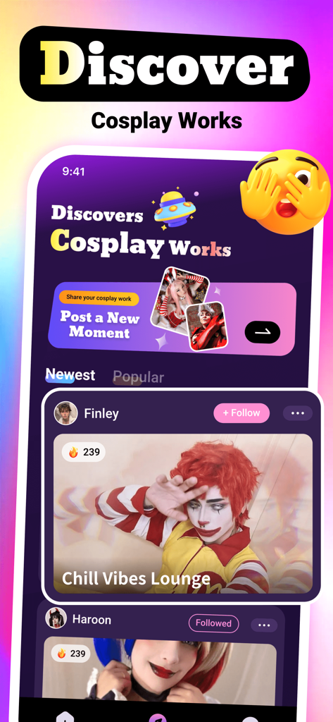 Dress：Video Call，Connect Share - Interface of the Dress app showing a discovery feed for creative cosplay works and user profiles
